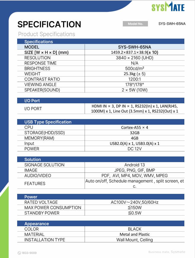 Màn Hình Signage 65 inch – SYS-SWH-65NA